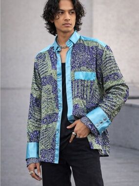PSYCHEDELIC Eye Print Festival Rave Artwear Satin Trim Statement Shirt